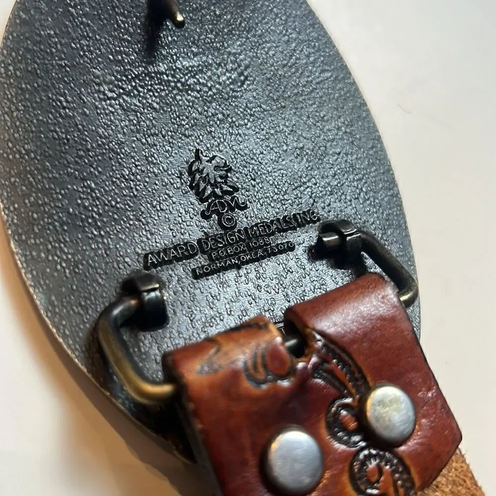 leather tooled belt with buckle hand stained latitan sz 36 western cowboy rodeo